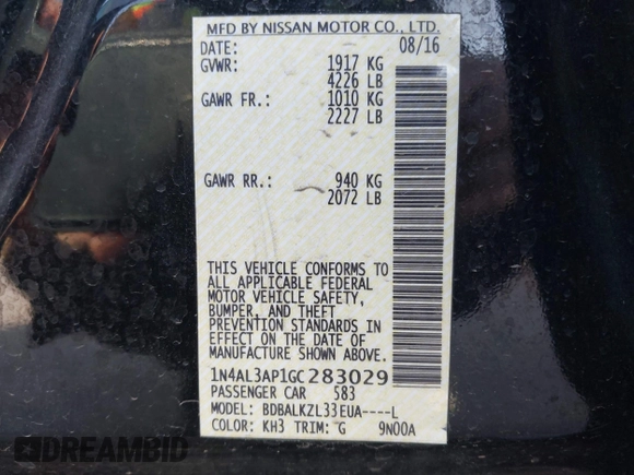 2016 Nissan Altima SV with VIN 1N4AL3AP1GC283029, listed as a IAAI auction lot 41715088 with 165,223 mi miles and . Bid and sale history available at DreamBid. Image 9.