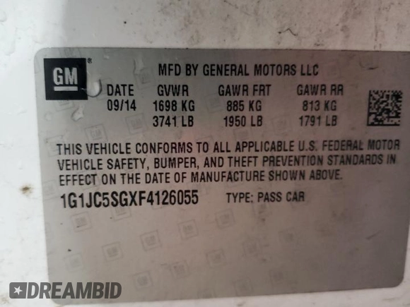 2015 Chevrolet Sonic LT with VIN 1G1JC5SGXF4126055, listed as a Copart auction lot 59579035 with 169,985 mi miles and Salvage title. Bid and sale history available at DreamBid. Image 12.