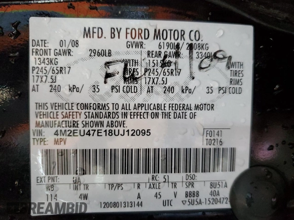 2008 Mercury Mountaineer z VIN 4M2EU47E18UJ12095, wystawiony jako Copart lot #87743915 z przebiegiem 96 386 mil mil oraz Szkoda całkowita • Salvage title. Historia ofert i sprzedaży dostępna na DreamBid. Obrazek 13.