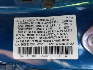 2014 Honda Civic Sedan LX with VIN 2HGFB2F57EH529579, listed as a IAAI auction lot 41732190 with 95,176 mi miles. Bid and sale history available at carsss.com. Image 9.