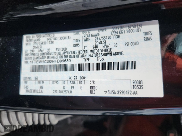 2017 Ford F-150 XL with VIN 1FTEW1CG0HFB99630, listed as a Copart auction lot 59772715 with 52,518 mi miles and Salvage title. Bid and sale history available at DreamBid. Image 13.