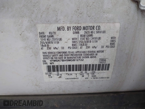 2021 Ford Explorer с VIN 1FMSK7BH5MGB12722, выставлен на аукционе IAAI как лот 41951287 с пробегом 78 009 миль миль и . История ставок и продаж доступна на DreamBid. Изображение 9.