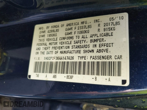 2010 Honda Accord LX with VIN 1HGCP2F36AA147426, listed as a IAAI auction lot 42469425 with Not provided miles and . Bid and sale history available at DreamBid. Image 9.