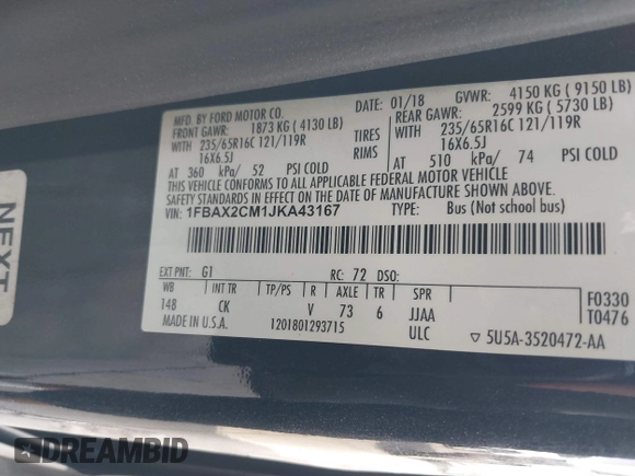 2018 Ford Transit Passenger XL z VIN 1FBAX2CM1JKA43167, wystawiony jako IAAI lot #41544413 z przebiegiem Nie podano mil oraz . Historia ofert i sprzedaży dostępna na DreamBid. Obrazek 9.