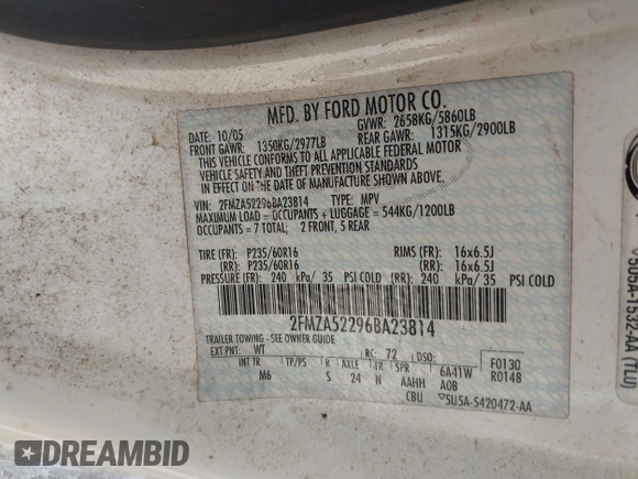 2006 Ford Freestar SEL z VIN 2FMZA52296BA23814, wystawiony jako IAAI lot #41791434 z przebiegiem 132 850 mil mil oraz . Historia ofert i sprzedaży dostępna na DreamBid. Obrazek 9.