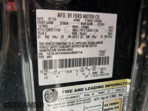 2010 Ford Expedition EL XLT with VIN 1FMJK1H59AEB69714, listed as a Copart auction lot 74719764 with 177,438 mi miles and Salvage Title. Bid and sale history available at carsss.com. Image 13.
