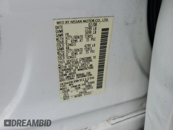 2008 Infiniti QX56 with VIN 5N3AA08C88N911596, listed as a Copart auction lot 81127204 with 82,758 mi miles and Salvage Title. Bid and sale history available at carsss.com. Image 13.