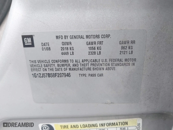 2008 Chevrolet Malibu LT w/2LT with VIN 1G1ZJ57B58F207946, listed as a IAAI auction lot 41408190 with 169,328 mi miles. Bid and sale history available at carsss.com. Image 9.