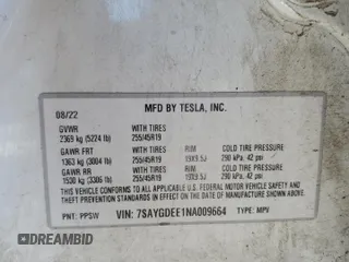 2022 Tesla Model Y Long Range z VIN 7SAYGDEE1NA009664, wystawiony jako Copart lot #41533925 z przebiegiem 36 126 mil mil oraz Szkody całkowita. Historia ofert i sprzedaży dostępna na DreamBid. Obrazek 13.