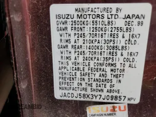 2000 Isuzu Trooper S с VIN JACDJ58X3Y7J09857, выставлен на аукционе Copart как лот 79924354 с пробегом Не указан миль и Чистый • Clean title. История ставок и продаж доступна на DreamBid. Изображение 13.