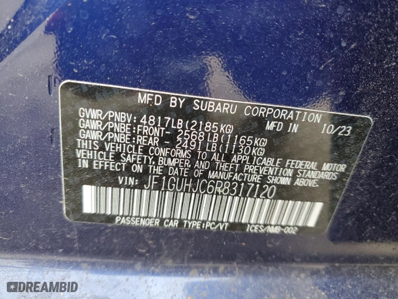 2024 Subaru Impreza RS with VIN JF1GUHJC6R8317120, listed as a Copart auction lot 45601255 with 3,494 mi miles and Salvage Title. Bid and sale history available at carsss.com. Image 12.