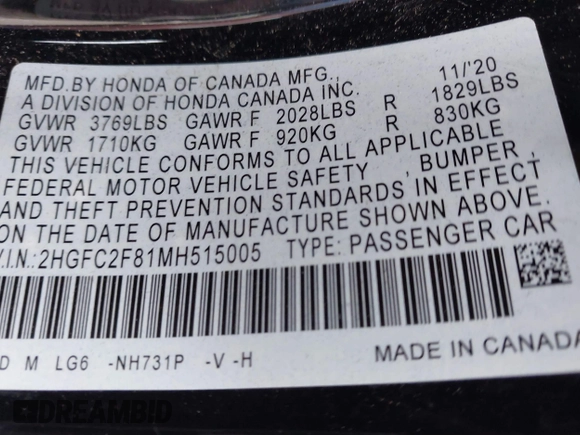 2021 Honda Civic Sport with VIN 2HGFC2F81MH515005, listed as a IAAI auction lot 41725843 with 43,583 mi miles and . Bid and sale history available at DreamBid. Image 9.