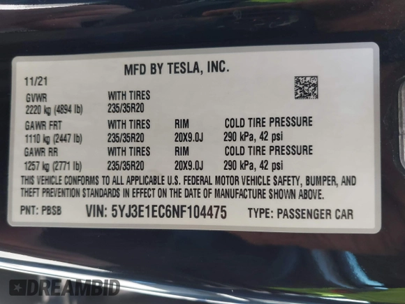 2022 Tesla Model 3 Performance with VIN 5YJ3E1EC6NF104475, listed as a IAAI auction lot 41734724 with 31,717 mi miles and . Bid and sale history available at carsss.com. Image 9.