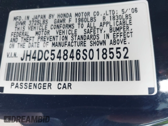 2006 Acura RSX with VIN JH4DC54846S018552, listed as a IAAI auction lot 42283482 with 119,205 mi miles and . Bid and sale history available at DreamBid. Image 9.