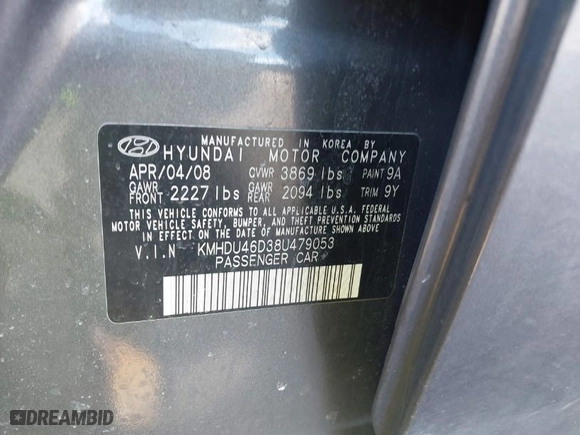 2008 Hyundai Elantra GLS with VIN KMHDU46D38U479053, listed as a IAAI auction lot 41599985 with 147,592 mi miles. Bid and sale history available at carsss.com. Image 9.