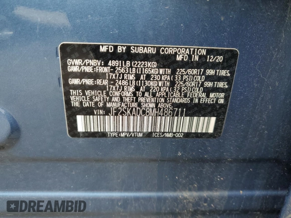 2021 Subaru Forester с VIN JF2SKADC8MH486711, выставлен на аукционе Copart как лот 57179915 с пробегом 70 515 миль миль и Списание • Salvage title. История ставок и продаж доступна на DreamBid. Изображение 13.