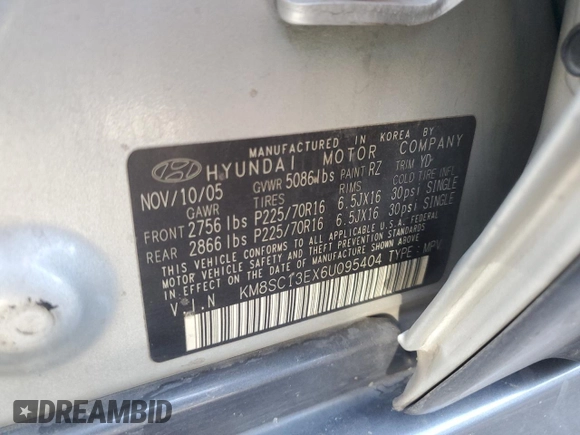 2006 Hyundai Santa Fe GLS z VIN KM8SC13EX6U095404, wystawiony jako Copart lot #85170014 z przebiegiem 147 133 mil mil oraz Szkoda całkowita • Salvage title. Historia ofert i sprzedaży dostępna na DreamBid. Obrazek 13.