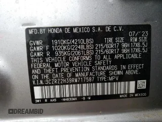 2024 Honda HR-V LX with VIN 3CZRZ2H39RM717587, listed as a Copart auction lot 57510125 with 16,033 mi miles and Salvage title. Bid and sale history available at DreamBid. Image 14.