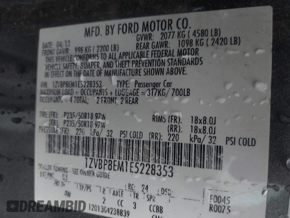 2014 Ford Mustang V6 with VIN 1ZVBP8EM1E5228353, listed as a IAAI auction lot 41525666 with 138,024 mi miles. Bid and sale history available at carsss.com. Image 9.