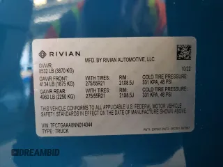 2022 Rivian R1T Adventure Package with VIN 7FCTGAAA8NN014044, listed as a Copart auction lot 49919865 with 0 mi miles and Salvage Title. Bid and sale history available at carsss.com. Image 13.