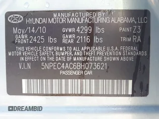 2011 Hyundai Sonata Limited with VIN 5NPEC4AC6BH073621, listed as a IAAI auction lot 41980752 with 160,911 mi miles and . Bid and sale history available at DreamBid. Image 9.