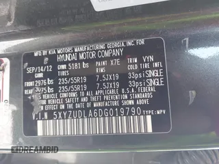 2013 Hyundai Santa Fe Sport z VIN 5XYZUDLA6DG019790, wystawiony jako IAAI lot #41980044 z przebiegiem 282 456 mil mil oraz . Historia ofert i sprzedaży dostępna na DreamBid. Obrazek 9.