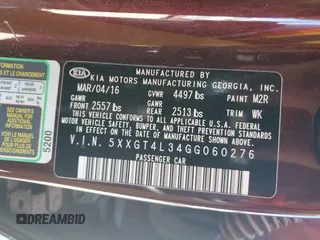 2016 Kia Optima LX with VIN 5XXGT4L34GG060276, listed as a Copart auction lot 65426975 with 129,029 mi miles and Salvage title. Bid and sale history available at DreamBid. Image 12.