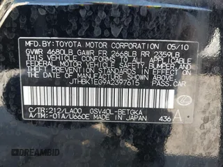 2010 Lexus ES with VIN JTHBK1EG9A2397615, listed as a IAAI auction lot 41945675 with 170,746 mi miles. Bid and sale history available at carsss.com. Image 9.