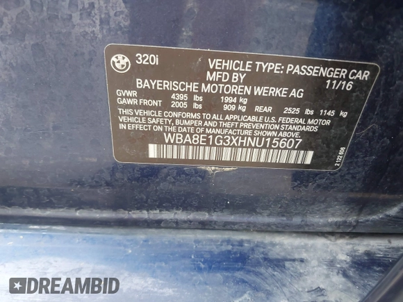 2017 BMW 3 Series 320i z VIN WBA8E1G3XHNU15607, wystawiony jako IAAI lot #42117103 z przebiegiem Nie podano mil oraz . Historia ofert i sprzedaży dostępna na DreamBid. Obrazek 9.