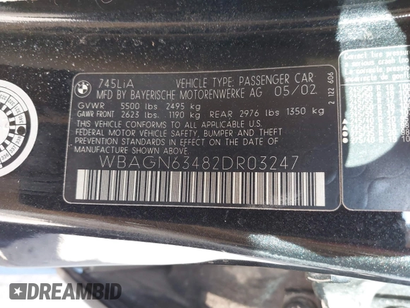2002 BMW 7 Series 745Li with VIN WBAGN63482DR03247, listed as a IAAI auction lot 41703923 with 84,761 mi miles and . Bid and sale history available at carsss.com. Image 9.