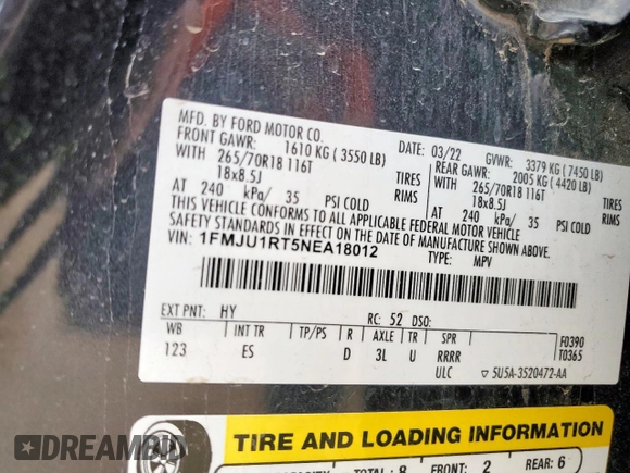 2022 Ford Expedition Timberline with VIN 1FMJU1RT5NEA18012, listed as a Copart auction lot 61226845 with 105,464 mi miles and Salvage title. Bid and sale history available at DreamBid. Image 13.