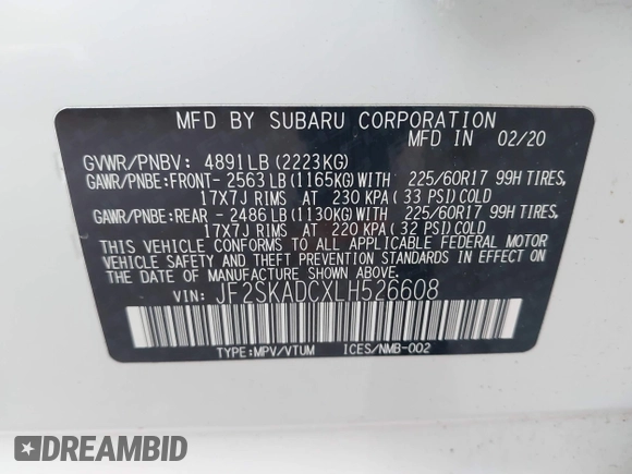 2020 Subaru Forester with VIN JF2SKADCXLH526608, listed as a IAAI auction lot 42002157 with 209,812 mi miles. Bid and sale history available at carsss.com. Image 9.