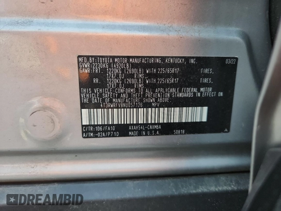 2022 Toyota RAV4 Hybrid XLE z VIN 4T3RWRFV8NU057126, wystawiony jako Copart lot #62759465 z przebiegiem 56 094 mil mil oraz Szkoda całkowita • Salvage title. Historia ofert i sprzedaży dostępna na DreamBid. Obrazek 12.