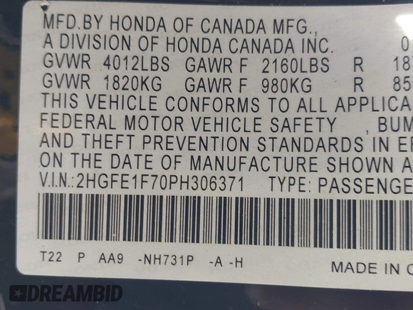 2023 Honda Civic Sedan EX with VIN 2HGFE1F70PH306371, listed as a IAAI auction lot 41811181 with 79,696 mi miles. Bid and sale history available at carsss.com. Image 7.
