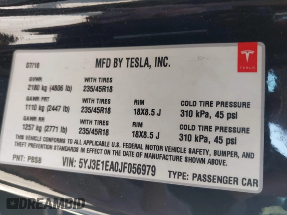 2018 Tesla Model 3 Long Range Battery with VIN 5YJ3E1EA0JF056979, listed as a IAAI auction lot 41865849 with 97,319 mi miles. Bid and sale history available at carsss.com. Image 9.