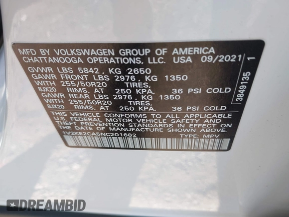 2022 Volkswagen Atlas SE with VIN 1V2KE2CA5NC201682, listed as a IAAI auction lot 40238163 with 44,790 mi miles and . Bid and sale history available at DreamBid. Image 9.