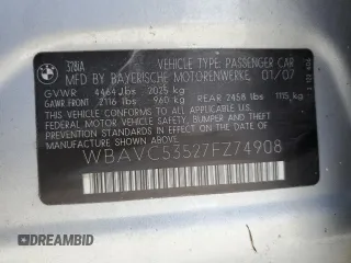 2007 BMW 3 Series 328i z VIN WBAVC53527FZ74908, wystawiony jako Copart lot #56956845 z przebiegiem Nie podano mil oraz Czysty tytuł • Clean title. Historia ofert i sprzedaży dostępna na DreamBid. Obrazek 12.