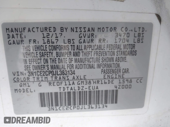 2018 Nissan Note SV with VIN 3N1CE2CP0JL363134, listed as a IAAI auction lot 42004968 with 148,771 mi miles and . Bid and sale history available at DreamBid. Image 9.