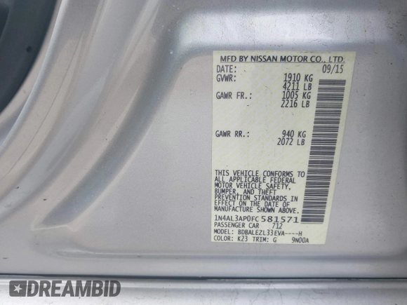 2015 Nissan Altima S with VIN 1N4AL3AP0FC581571, listed as a IAAI auction lot 41618045 with 106,394 mi miles and . Bid and sale history available at DreamBid. Image 9.
