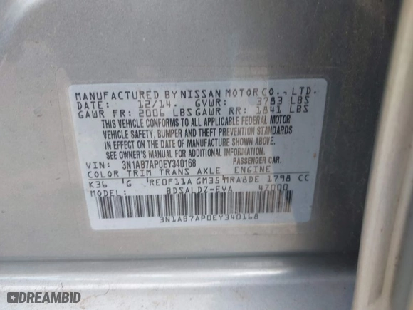 2014 Nissan Sentra SV with VIN 3N1AB7AP0EY340168, listed as a IAAI auction lot 41915292 with 141,702 mi miles. Bid and sale history available at carsss.com. Image 9.