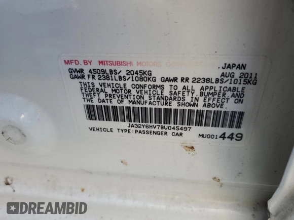 2011 Mitsubishi Lancer with VIN JA32Y6HV7BU045497, listed as a Copart auction lot 43846895 with 103,842 mi miles and Clean Title. Bid and sale history available at DreamBid. Image 12.