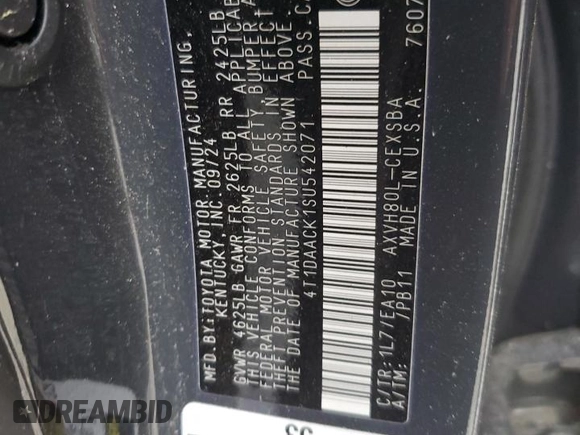 2025 Toyota Camry LE z VIN 4T1DAACK1SU542071, wystawiony jako Copart lot #54519935 z przebiegiem Nie podano mil oraz Nie do naprawy • Non repairable. Historia ofert i sprzedaży dostępna na DreamBid. Obrazek 12.