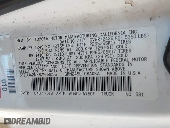 2008 Toyota Tacoma with VIN 5TEUU42NX8Z508056, listed as a IAAI auction lot 41964728 with 92,118 mi miles and . Bid and sale history available at carsss.com. Image 9.