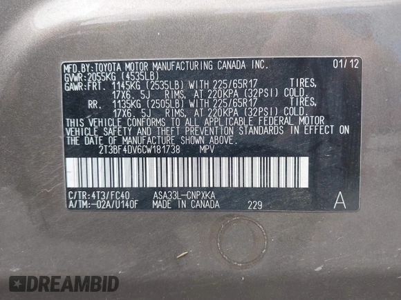 2012 Toyota RAV4 with VIN 2T3BF4DV6CW181738, listed as a IAAI auction lot 42518898 with 131,077 mi miles and . Bid and sale history available at DreamBid. Image 9.