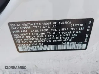 2018 Volkswagen Passat SE z VIN 1VWBA7A33JC031098, wystawiony jako IAAI lot #41915976 z przebiegiem 147 454 mil mil oraz . Historia ofert i sprzedaży dostępna na DreamBid. Obrazek 9.