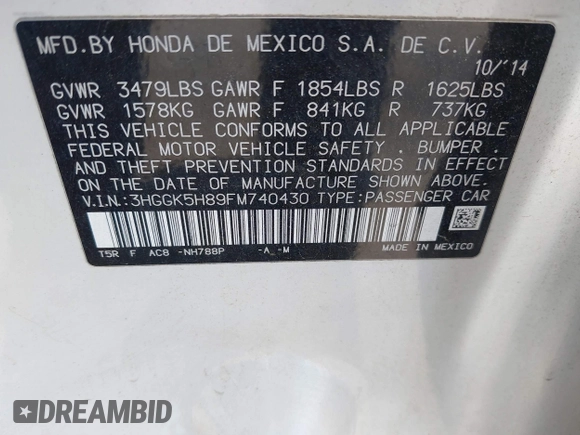 2015 Honda Fit EX-L with VIN 3HGGK5H89FM740430, listed as a IAAI auction lot 42255324 with 116,995 mi miles and . Bid and sale history available at DreamBid. Image 9.