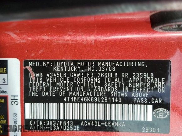 2009 Toyota Camry with VIN 4T1BE46K69U281149, listed as a Copart auction lot 42326155 with 248,283 mi miles and Salvage Title. Bid and sale history available at carsss.com. Image 12.