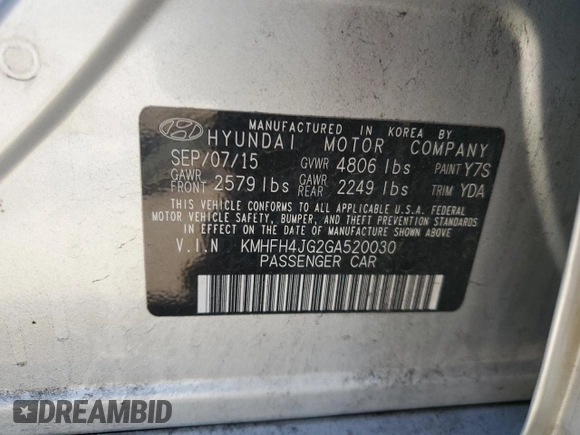2016 Hyundai Azera Limited with VIN KMHFH4JG2GA520030, listed as a Copart auction lot 55767035 with 178,029 mi miles and Salvage Title. Bid and sale history available at DreamBid. Image 13.
