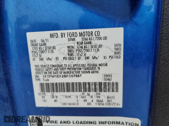 2011 Ford F-150 XL z VIN 1FTFW1EF2BFC07887, wystawiony jako Copart lot #60745425 z przebiegiem 265 588 mil mil oraz Szkoda całkowita • Salvage title. Historia ofert i sprzedaży dostępna na DreamBid. Obrazek 12.