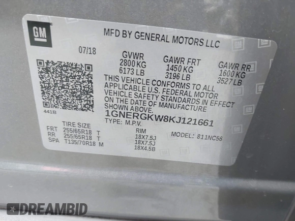 2019 Chevrolet Traverse LT Cloth with VIN 1GNERGKW8KJ121661, listed as a IAAI auction lot 42397659 with 102,785 mi miles and . Bid and sale history available at DreamBid. Image 9.